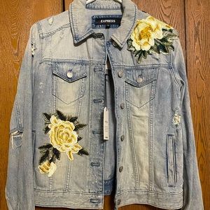 Distressed, embroidered floral denim jacket